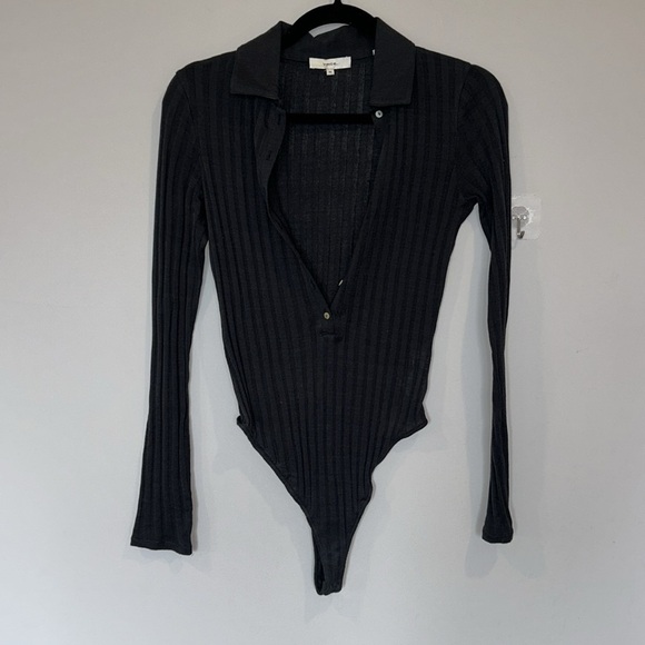 Vince Polo Ribbed Button Up Thong Bodysuit Black - Picture 4 of 9